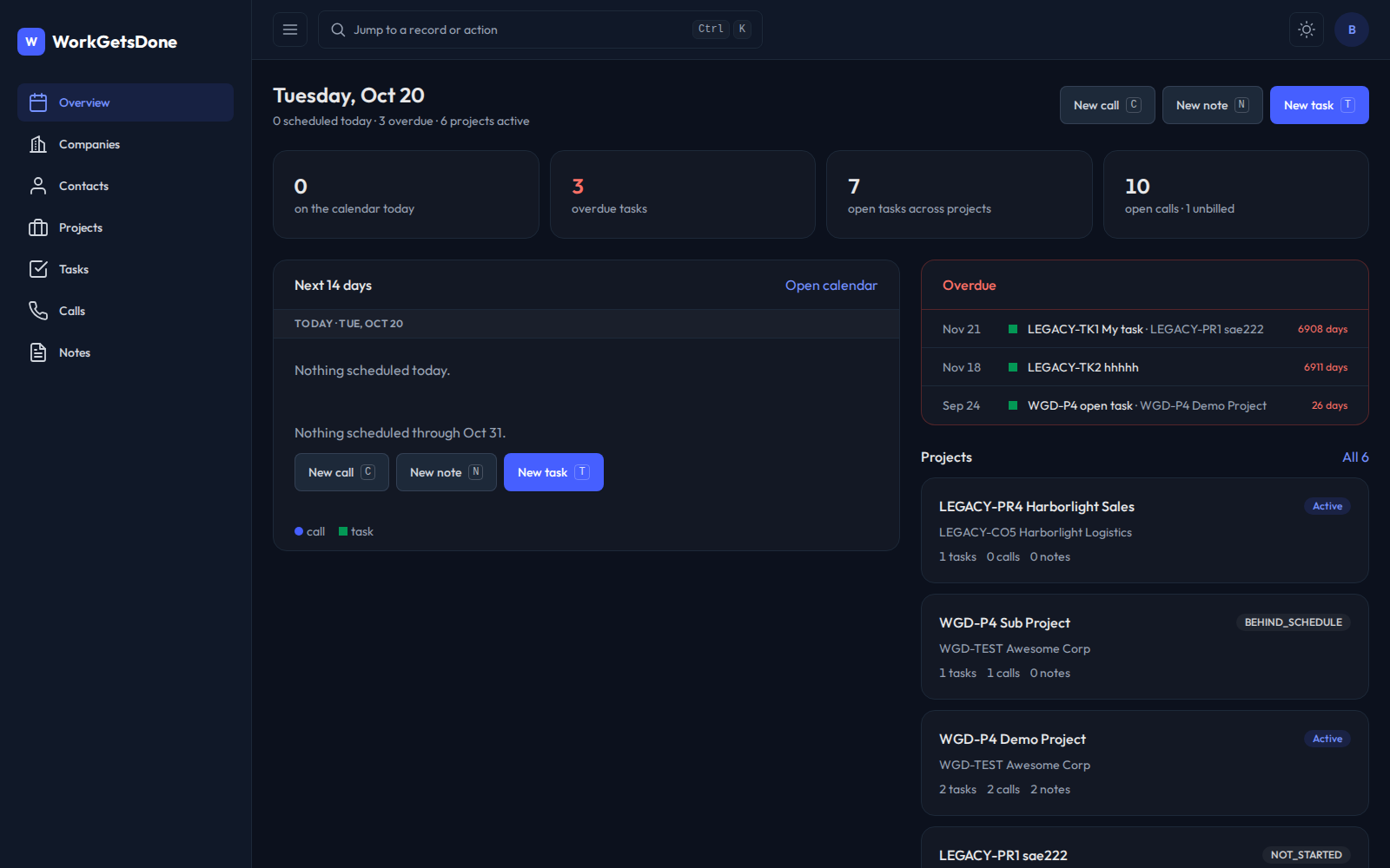 WorkGetsDone dashboard for Bob in dark mode: companies, contacts, projects and task counts, a two-week calendar of calls and tasks, and recent notes