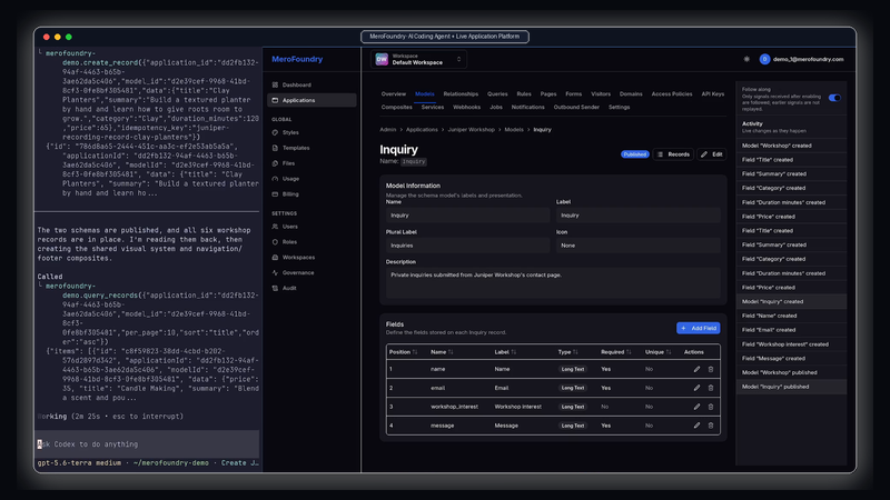 A coding agent creating records over MCP next to the MeroFoundry application admin showing the resulting model